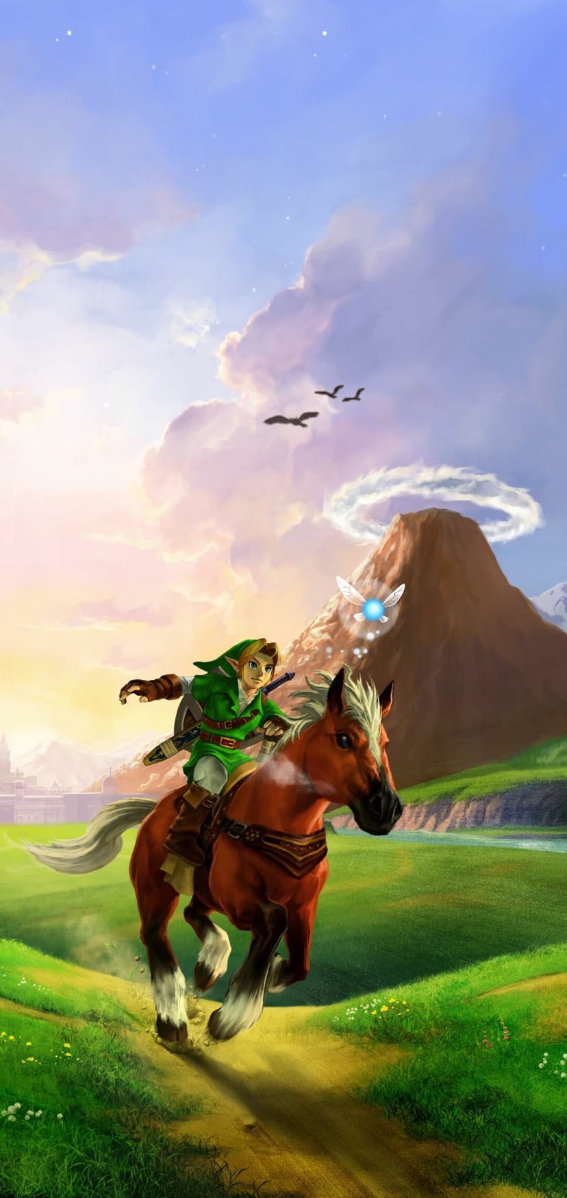 Link rides Epona through a green field with Navi leading toward a mountain with a smoke ring under a blue sky.
