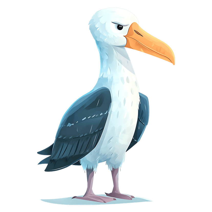 Seagull avian bird with blue feathers and orange beak standing on a light blue surface against black background.