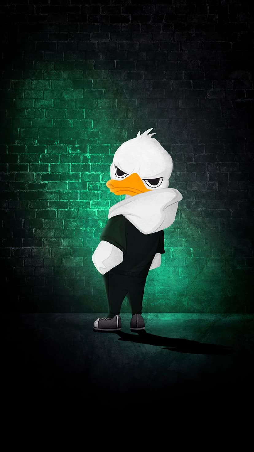 Grumpy duck character wearing a black hoodie stands against a dark brick wall illuminated by green neon light.