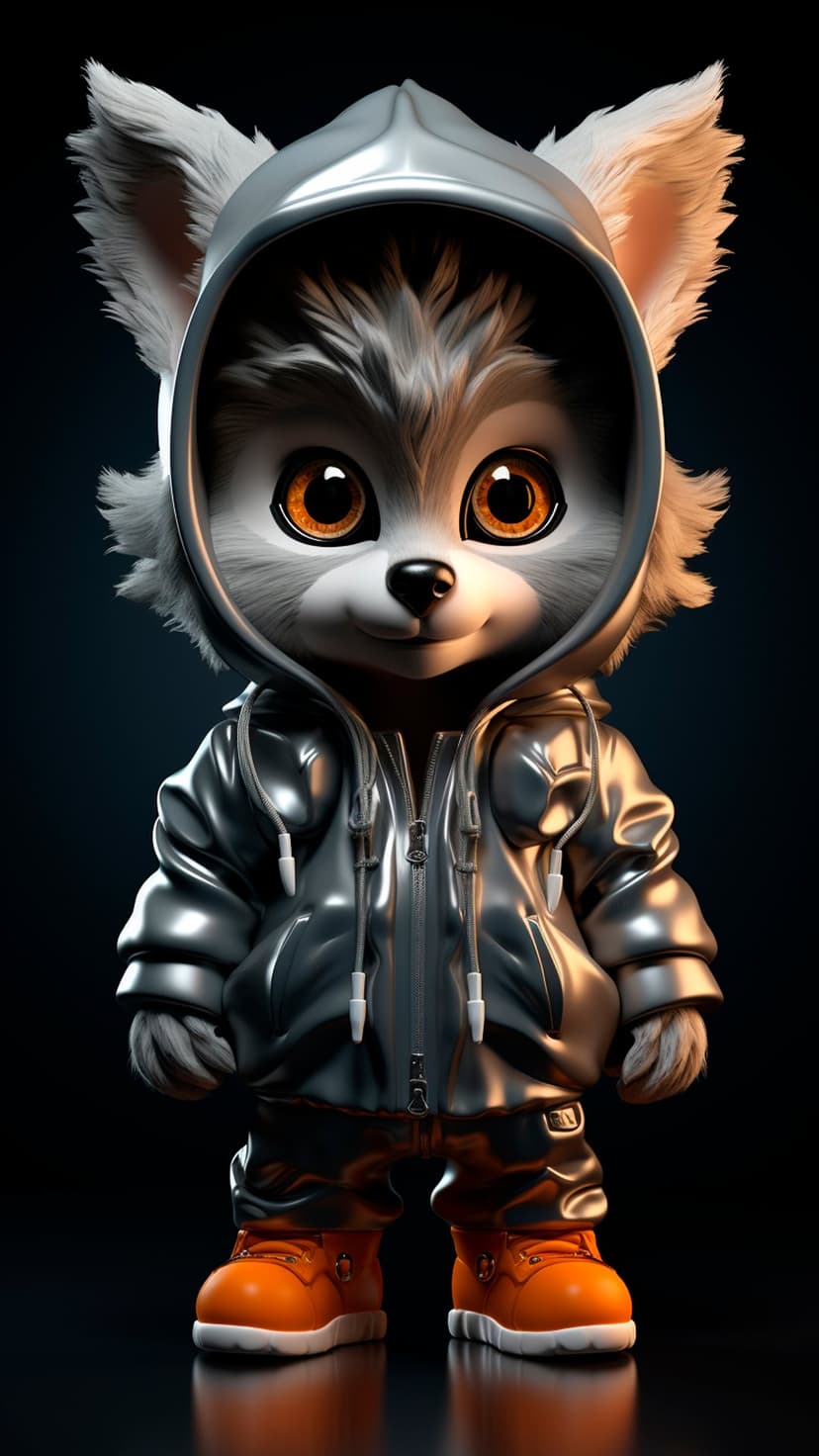 White cartoon wolf with orange eyes wearing a metallic silver hoodie and orange boots on a dark background.