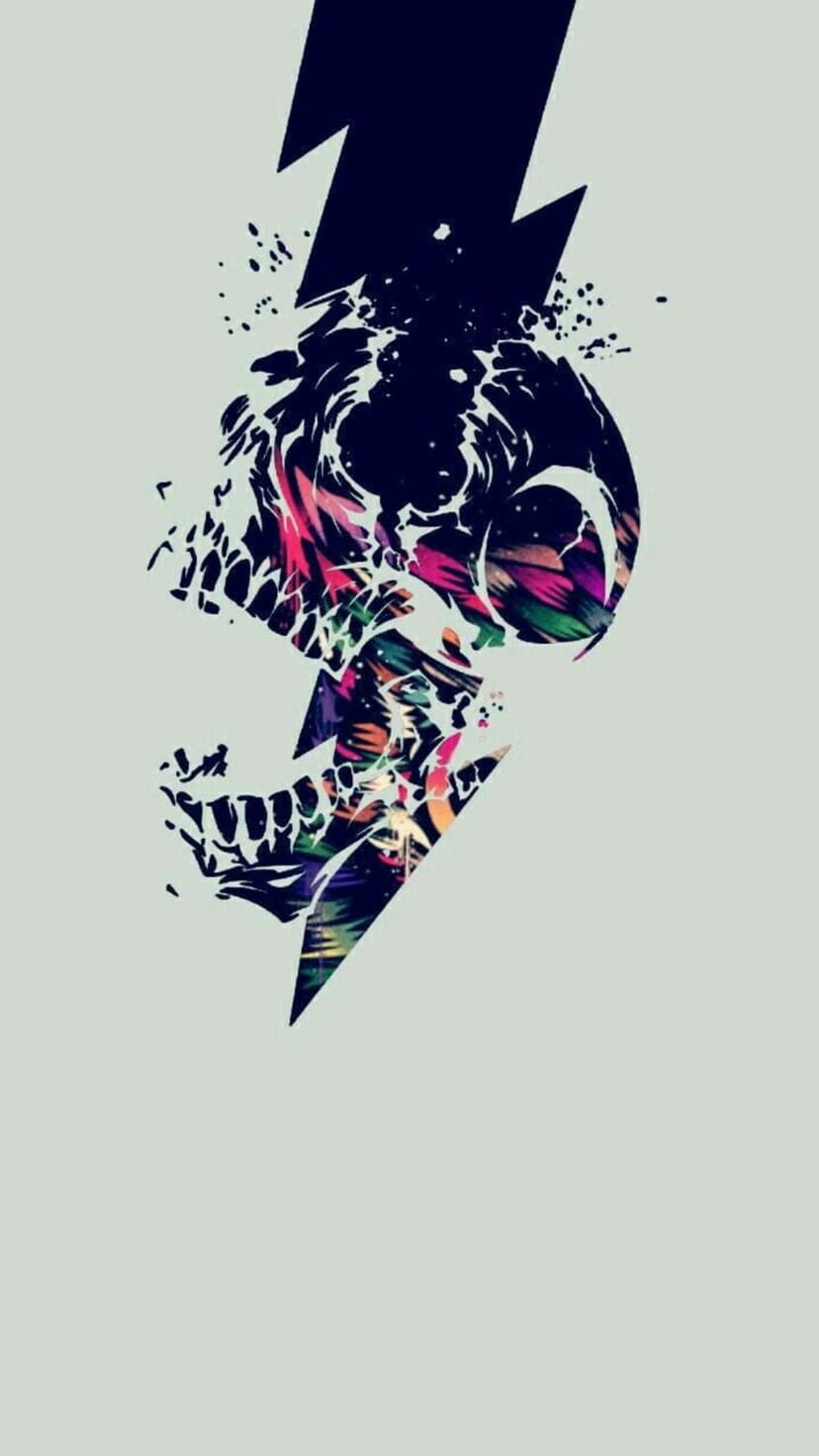 Human skull containing colorful tropical leaves is split by a glowing blue lightning bolt on a dark background.
