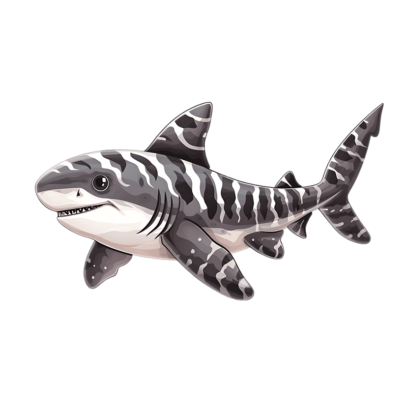 Tiger shark vector illustration showing a grey body with dark vertical stripes and a friendly smiling mouth.