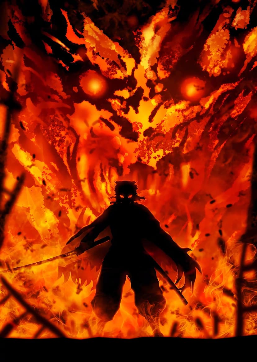 Silhouetted swordsman with glowing eyes stands before a massive flaming demon head amidst a raging orange inferno.