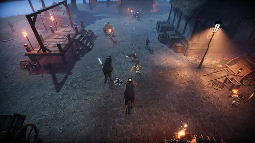 Knights on horseback lead a battle through a torchlit medieval town square in this dark fantasy scene.