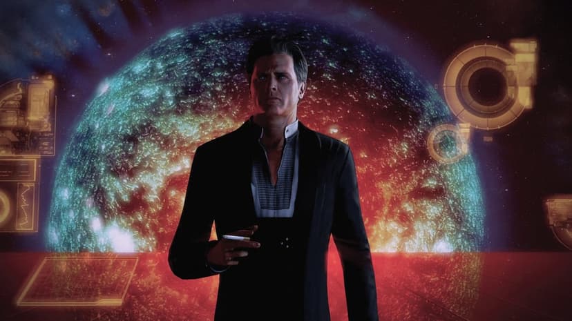 The Illusive Man in a dark suit holding a cigarette before a massive red and blue star with holographic displays.