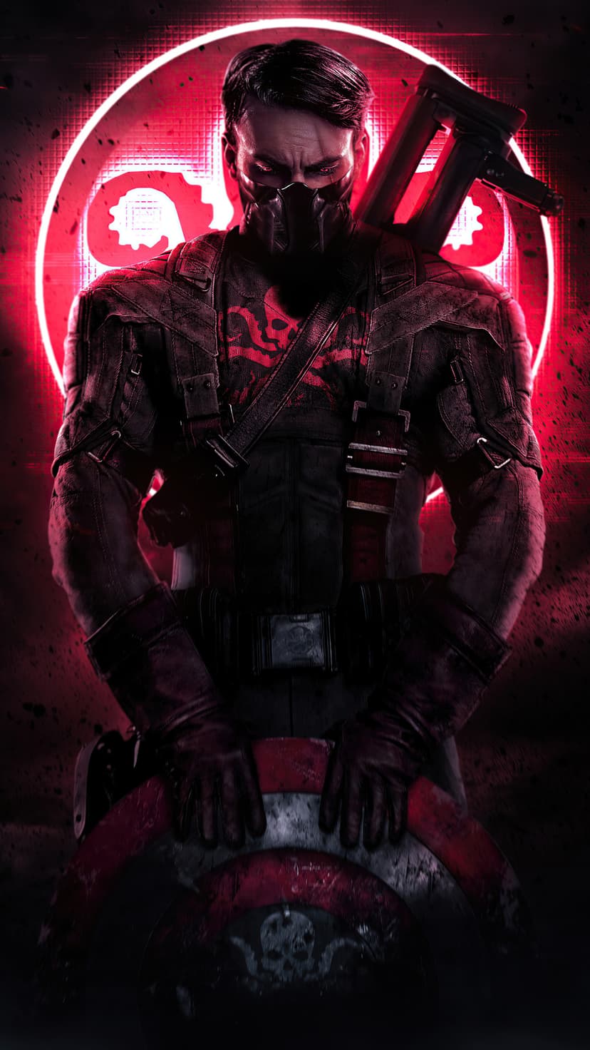 Red Skull in Captain America tactical gear holding a shield before a glowing neon red Hydra logo.