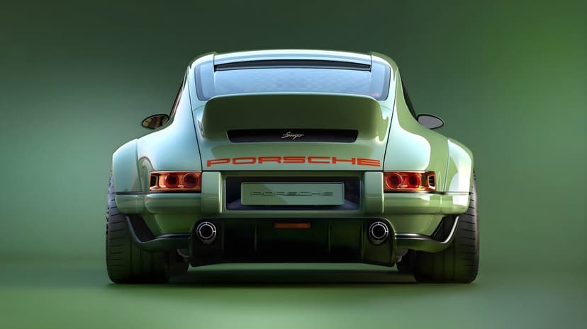 Vintage Porsche 911 in mint green features an orange logo, rear spoiler, and dual exhausts from a low angle.