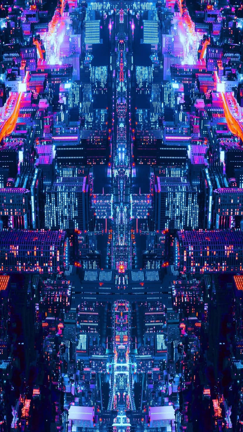 Symmetrical futuristic skyscrapers glow with blue and purple neon lights along a central vertical axis.