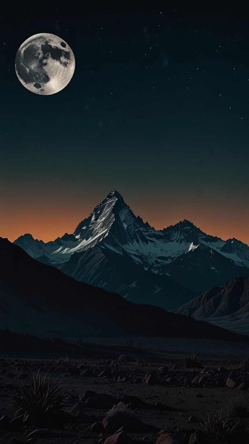 Snow-capped mountain peaks illuminated by a large full moon under a clear starry night sky in a vertical view.