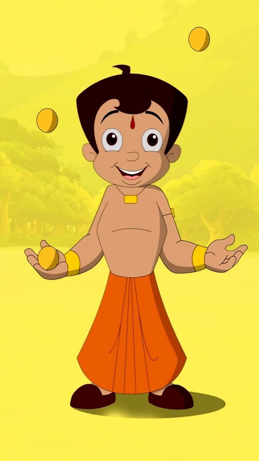 Chhota Bheem juggling three golden balls in front of a yellow background with trees and wearing an orange dhoti.