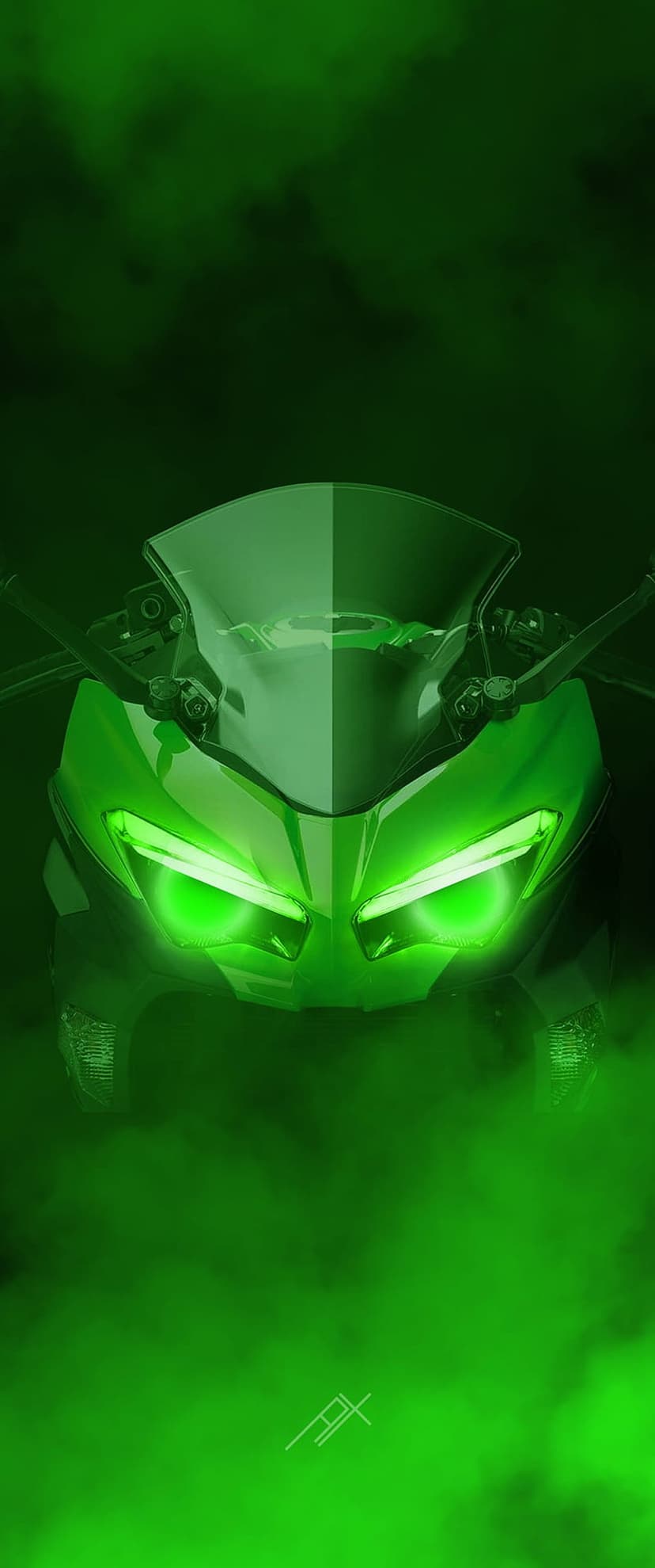 Motorcycle front end with glowing green neon headlights surrounded by swirling green smoke in a dark setting.