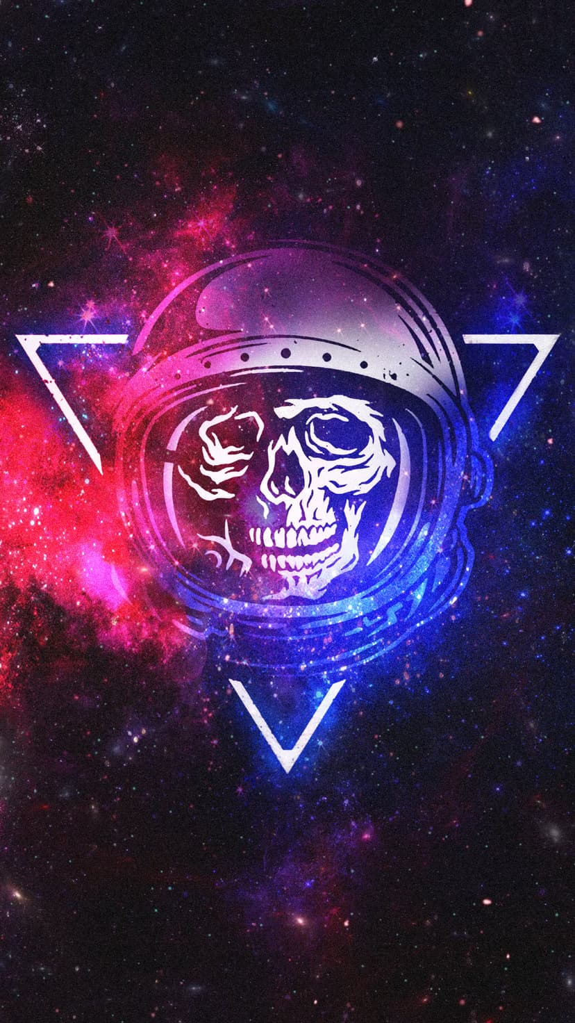 Human skull inside a detailed astronaut helmet surrounded by a swirling purple and blue galactic nebula.