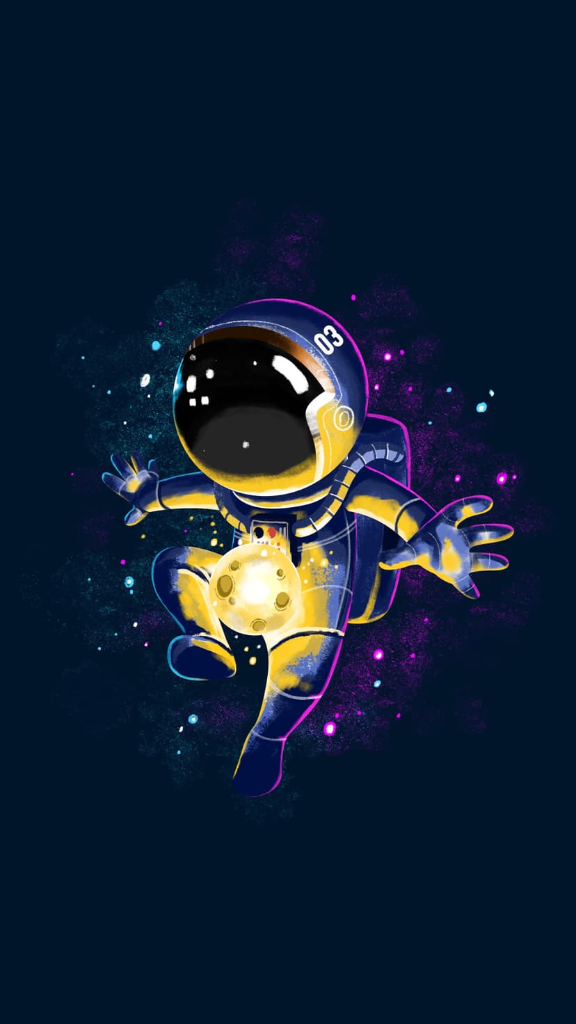 Astronaut in a blue suit holding a glowing yellow moon amidst pink and turquoise nebula clouds in deep space.