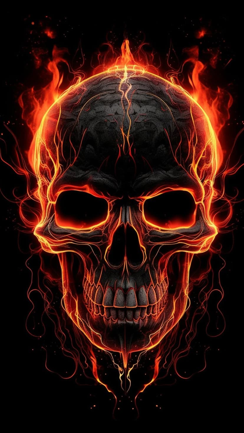 Black skull surrounded by swirling orange fire and glowing heat sparks against a solid black backdrop.