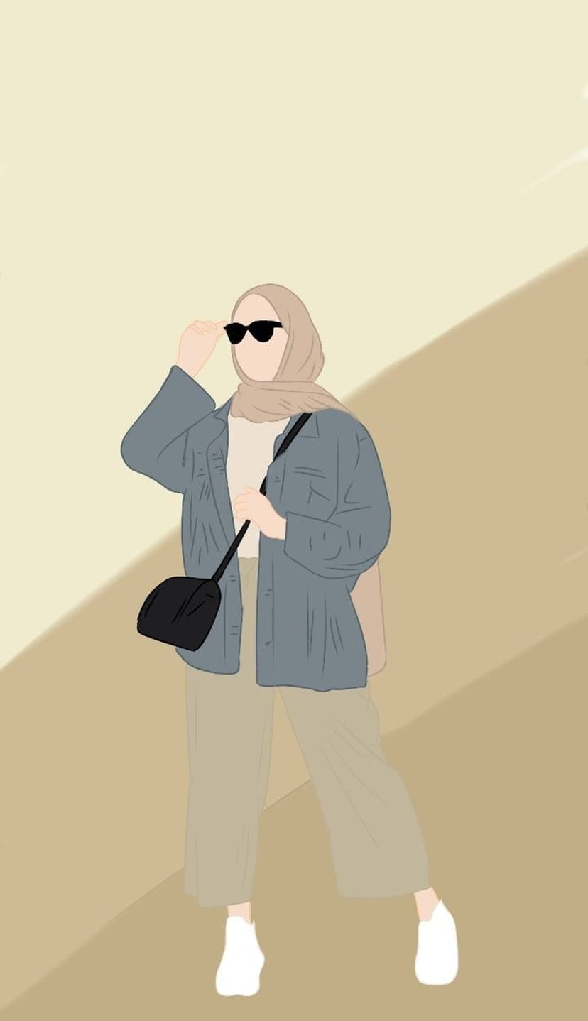 Hijabi woman wearing a denim jacket and sunglasses stands against a minimalist beige geometric background.