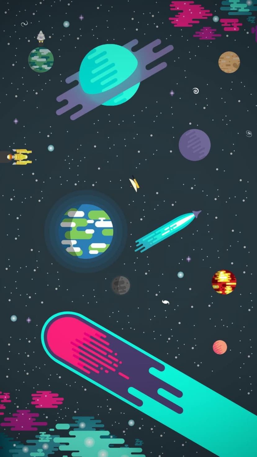 Earth and ringed planets orbit alongside sleek spacecraft and a blue comet against a dark star-filled galaxy.
