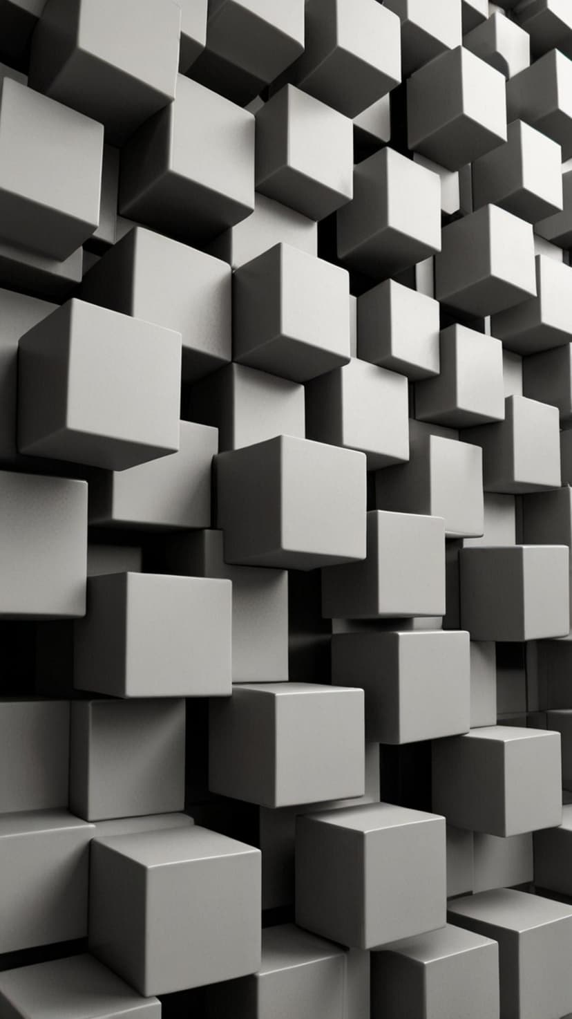 Overlapping gray 3D cubes in varying sizes create a textured wall with deep shadows and soft highlights.