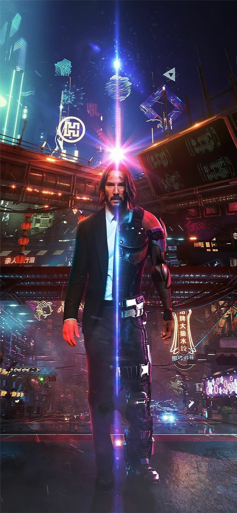 Portrait of Keanu Reeves split between John Wick in a suit and Johnny Silverhand in a futuristic neon city.