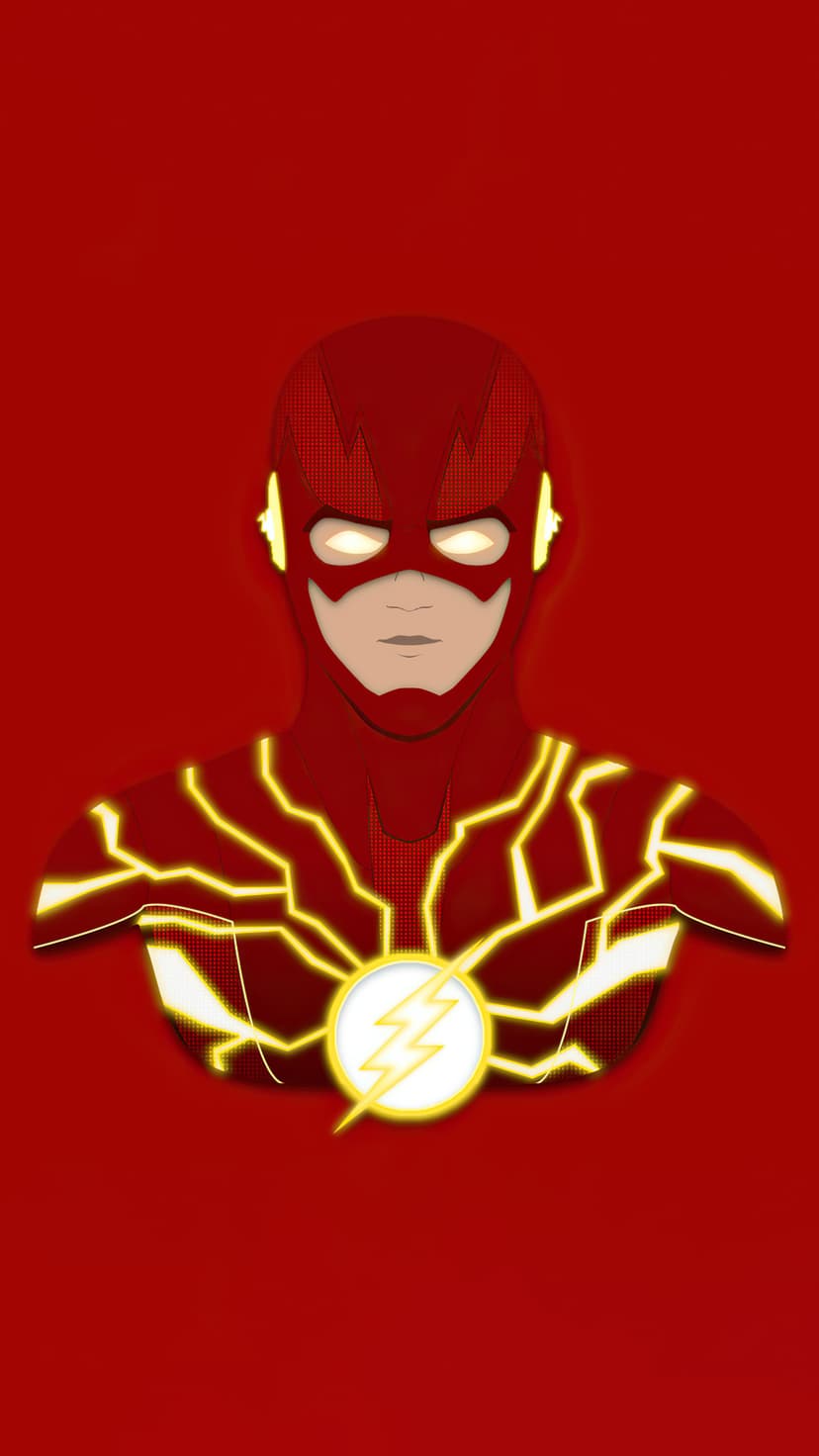 The Flash wears a crimson cowl with glowing yellow lightning bolts against a solid red minimalist background.