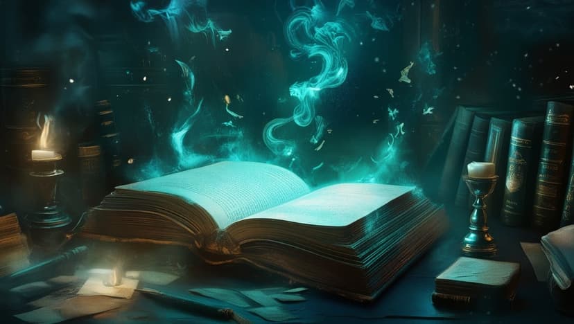 Open leather book emitting blue magical energy next to a flickering candle, a quill, and a glass hourglass.