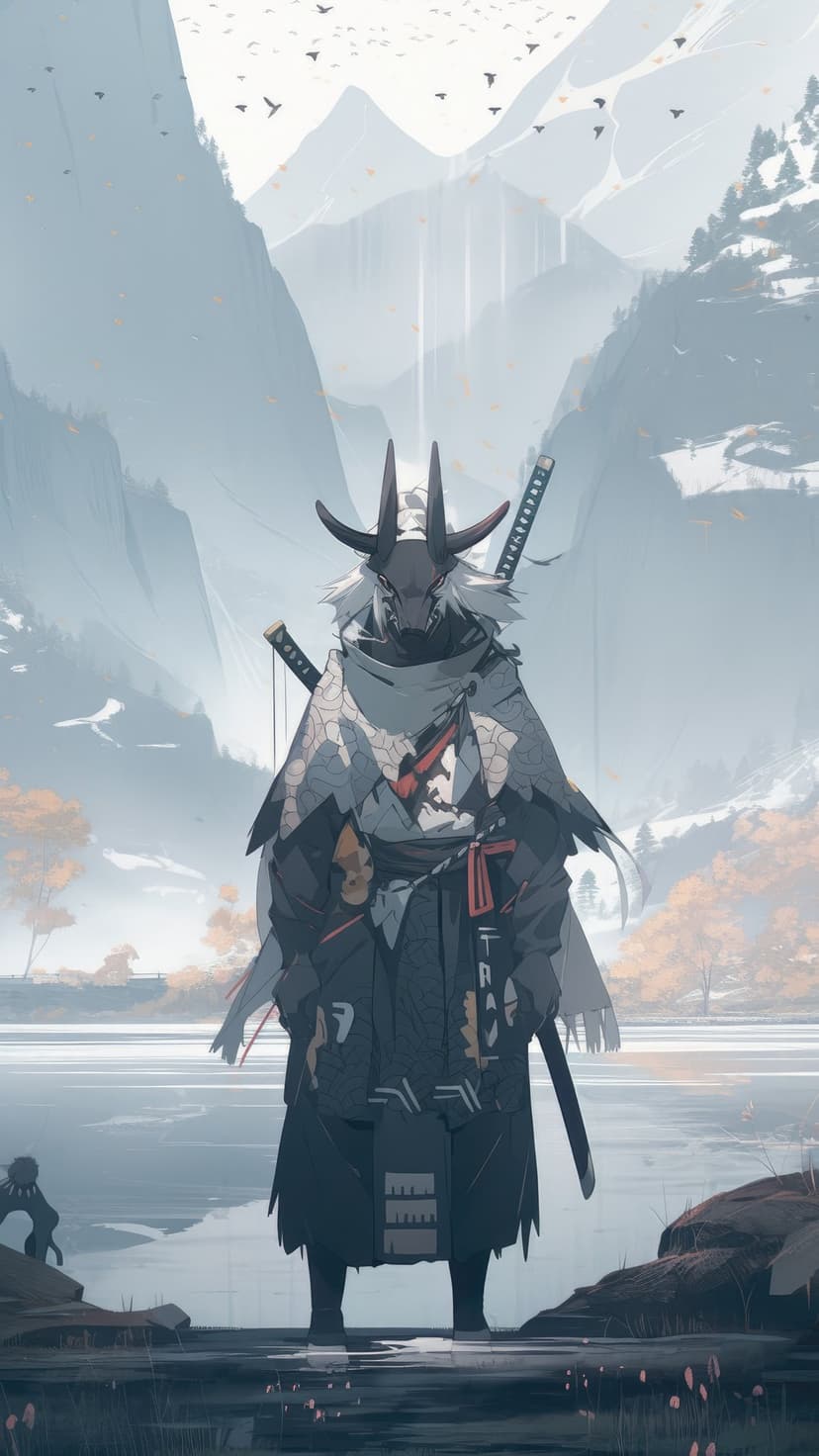 Horned samurai warrior standing by a calm lake with misty mountains and flying birds in the background.