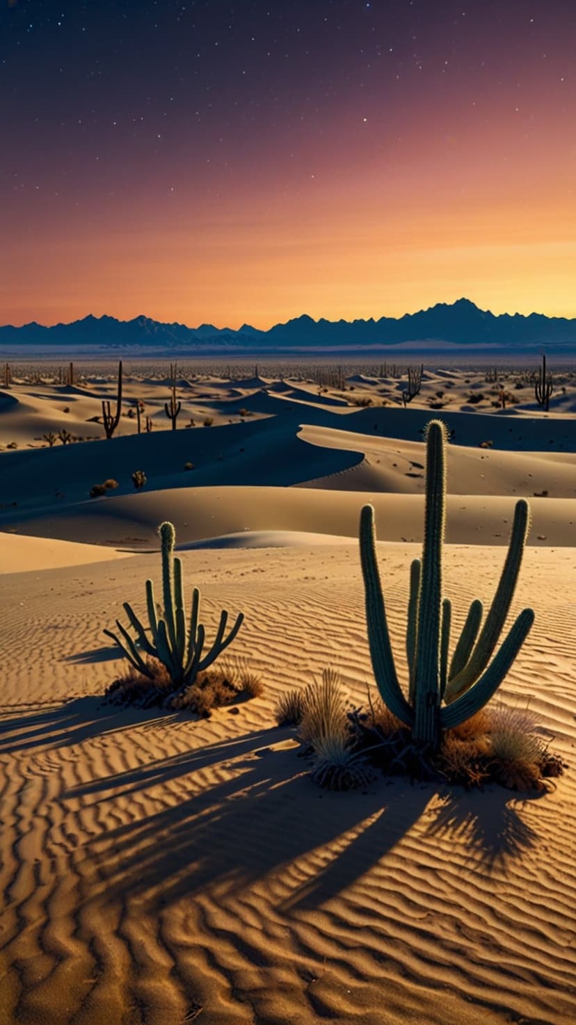 Saguaro cactus silhouettes stand amidst sand dunes under a starry orange and purple twilight sky.