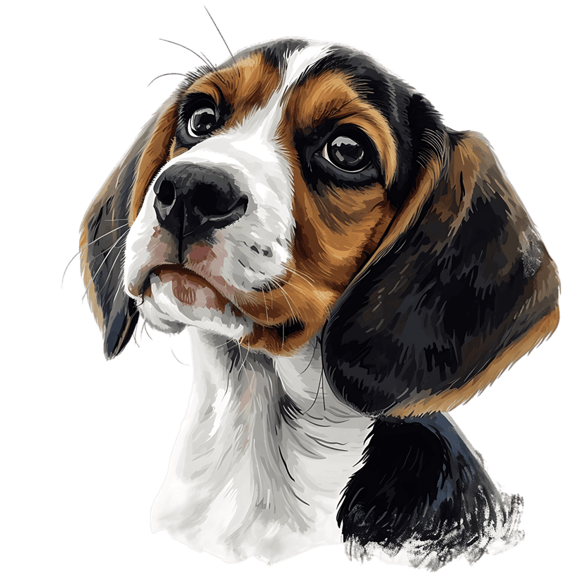 Beagle puppy digital watercolor painting shows tri-color fur and large dark eyes looking upward against black.