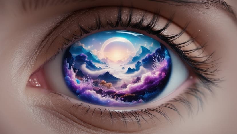 Human iris reflecting a purple nebula with mountain peaks and a crescent moon in a surreal artistic close-up.