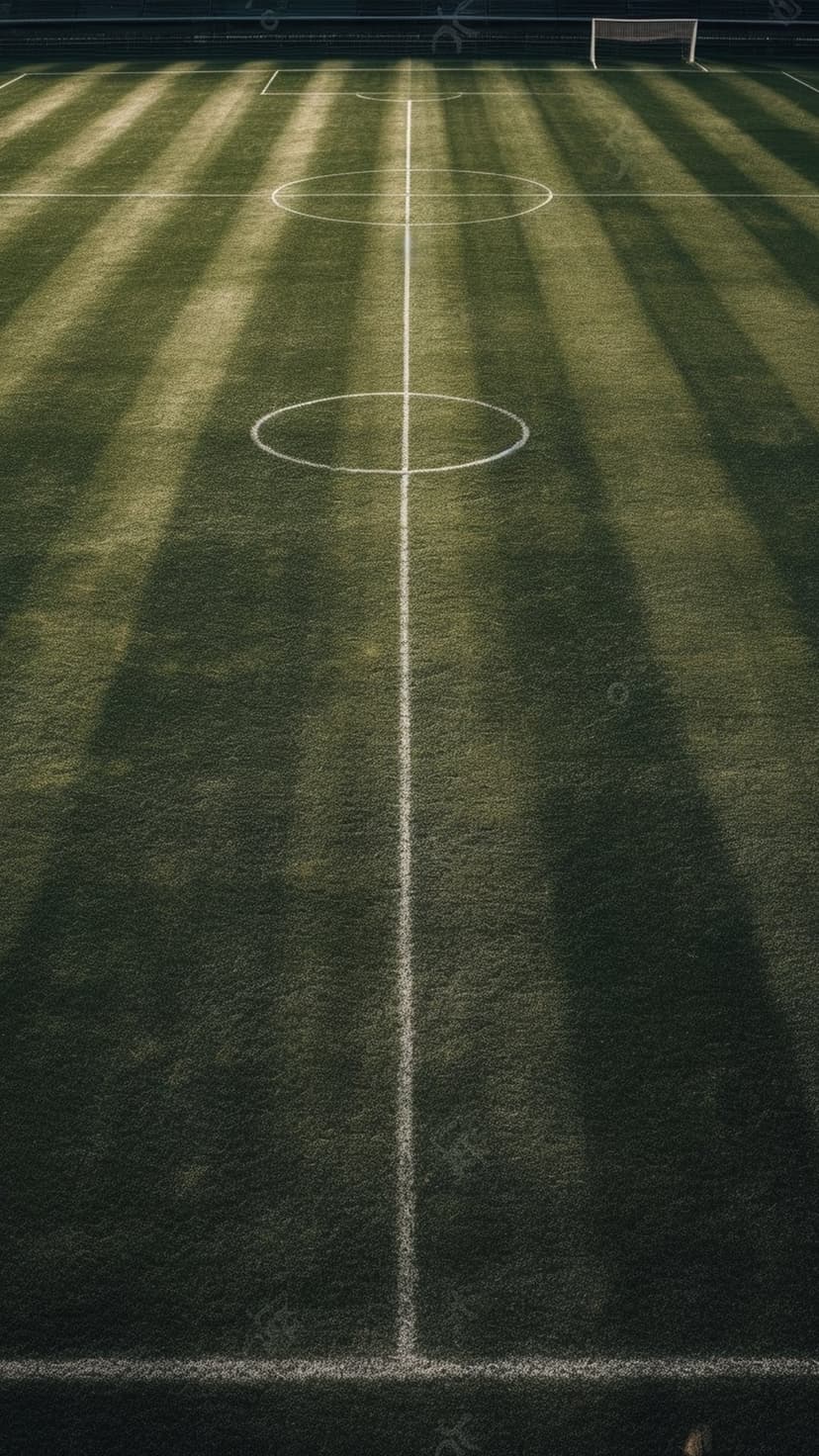 Manicured green soccer turf features white boundary lines and rhythmic shadows from overhead stadium lighting.