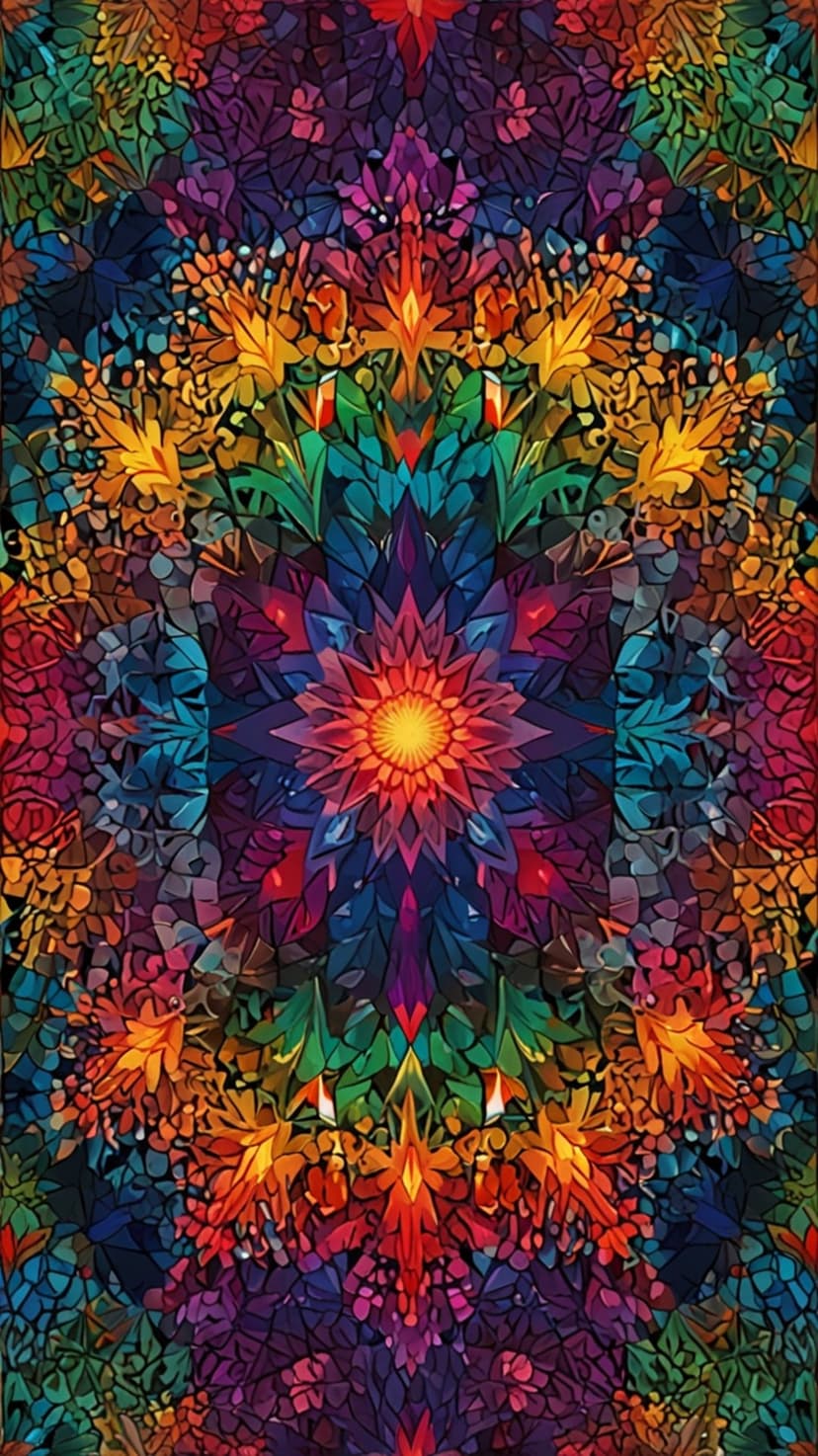 Multicolored mandala with symmetrical floral patterns and geometric shapes creating a trippy stained glass effect.