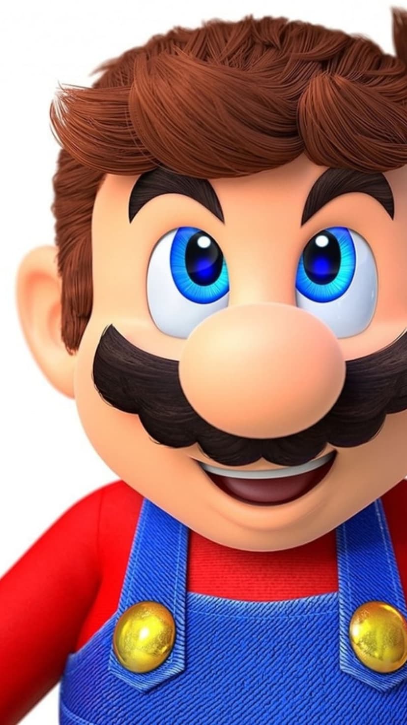 Mario smiles while wearing blue denim overalls and a red shirt against a bright white studio background.