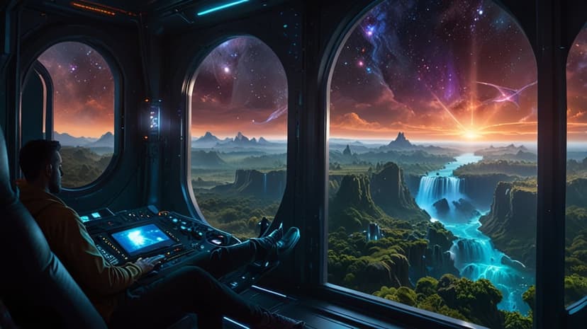 Pilot touches a glowing console while viewing a turquoise waterfall and cosmic nebula through a spaceship window.