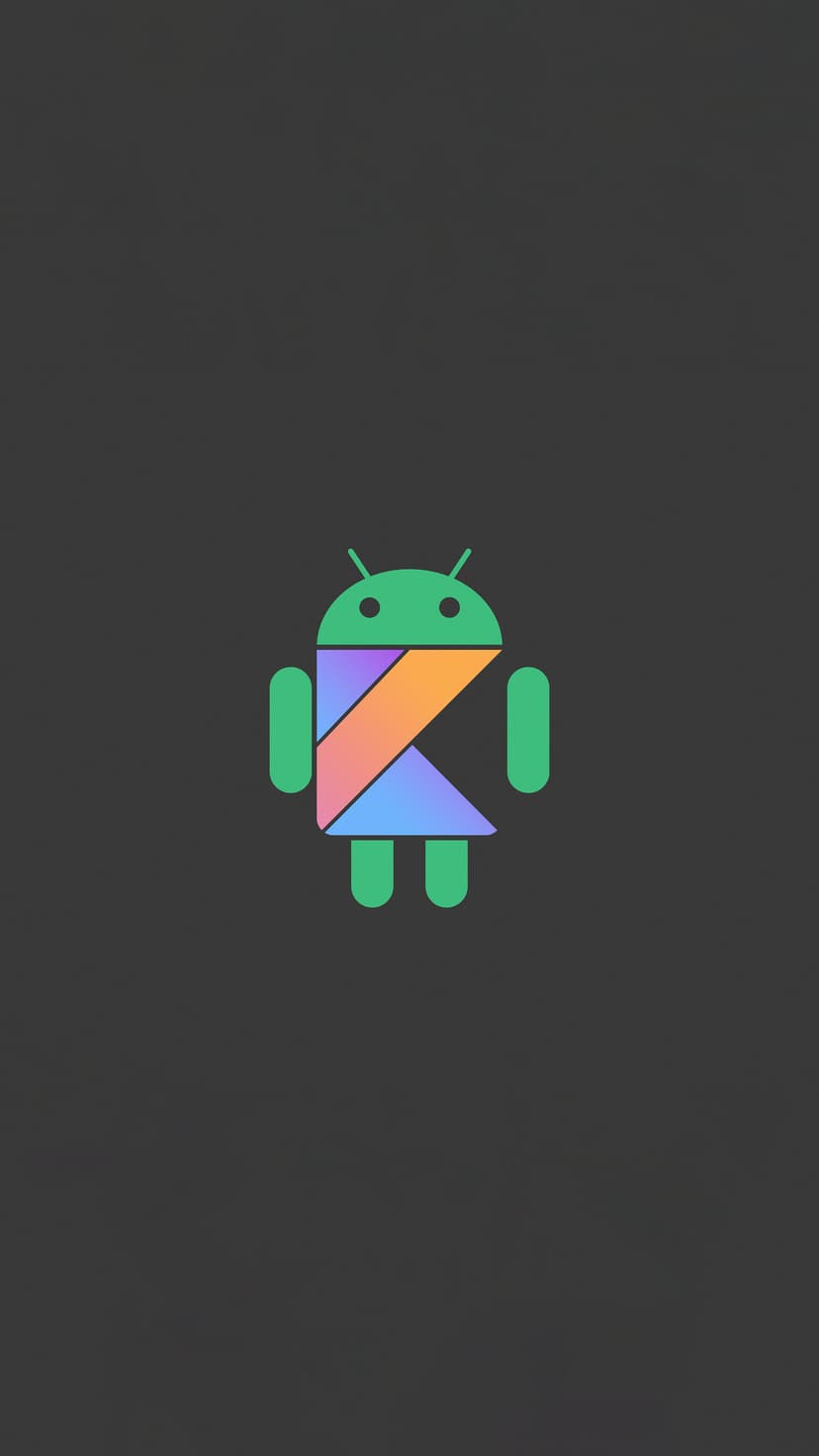 Android mascot with a purple and orange Kotlin logo torso centered on a dark grey minimalist matte background.