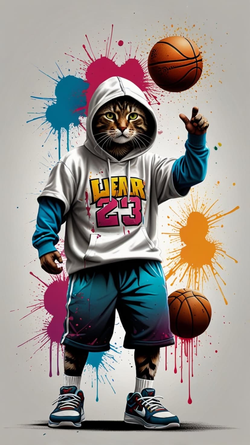 Tabby cat athlete in a hoodie dribbling a basketball against a colorful graffiti wall with paint splatters.