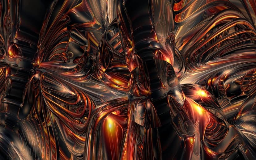 Interwoven molten metal structures with glowing orange highlights and reflective copper surfaces on a black backdrop.