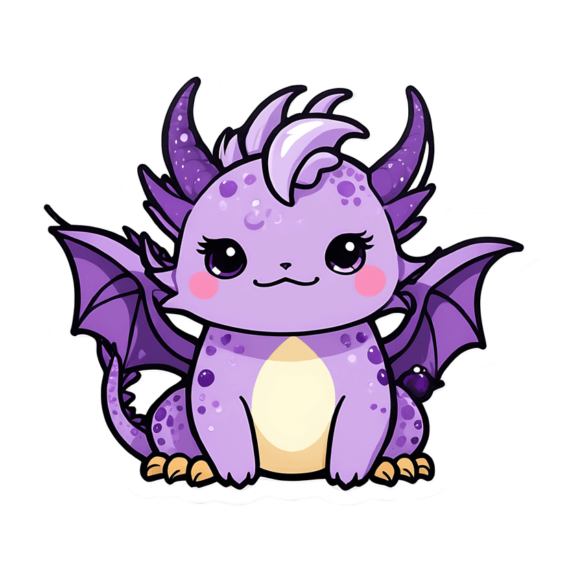 Purple chibi dragon sticker illustration with black outlines, glossy violet scales, and white spots in front view.