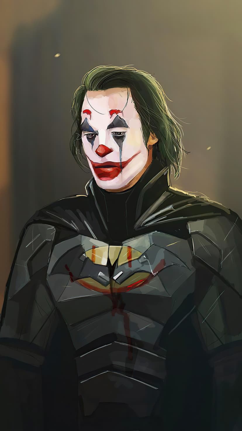 Joker with clown makeup wears a bat-themed armored suit featuring a blood-streaked emblem and dramatic shadows.