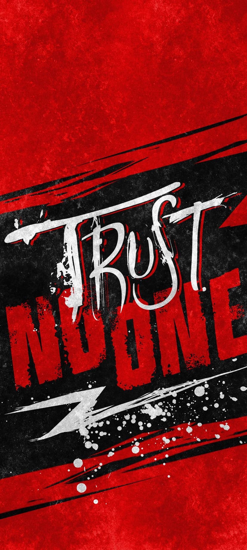 Trust No One text with distressed outlines centered over a dark background with crimson paint splatters and blots.