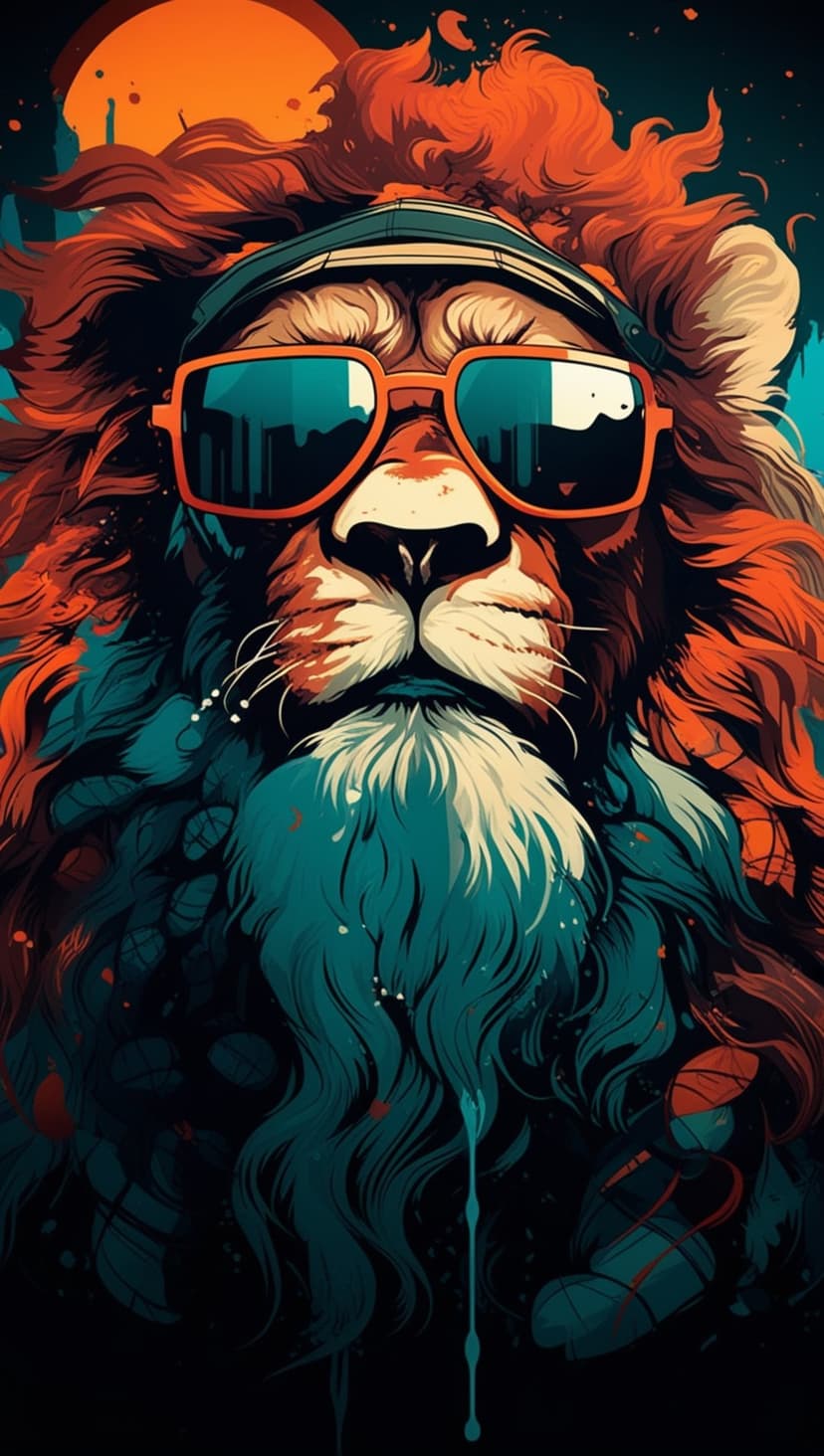 Lion head with a teal and orange mane wears sunglasses reflecting a skyline against a dark backdrop.