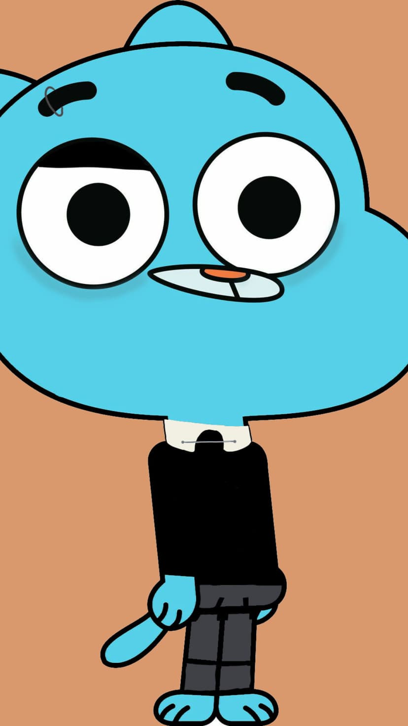 Gumball Watterson the blue cat with large eyes wears a black shirt against a solid bright orange background.
