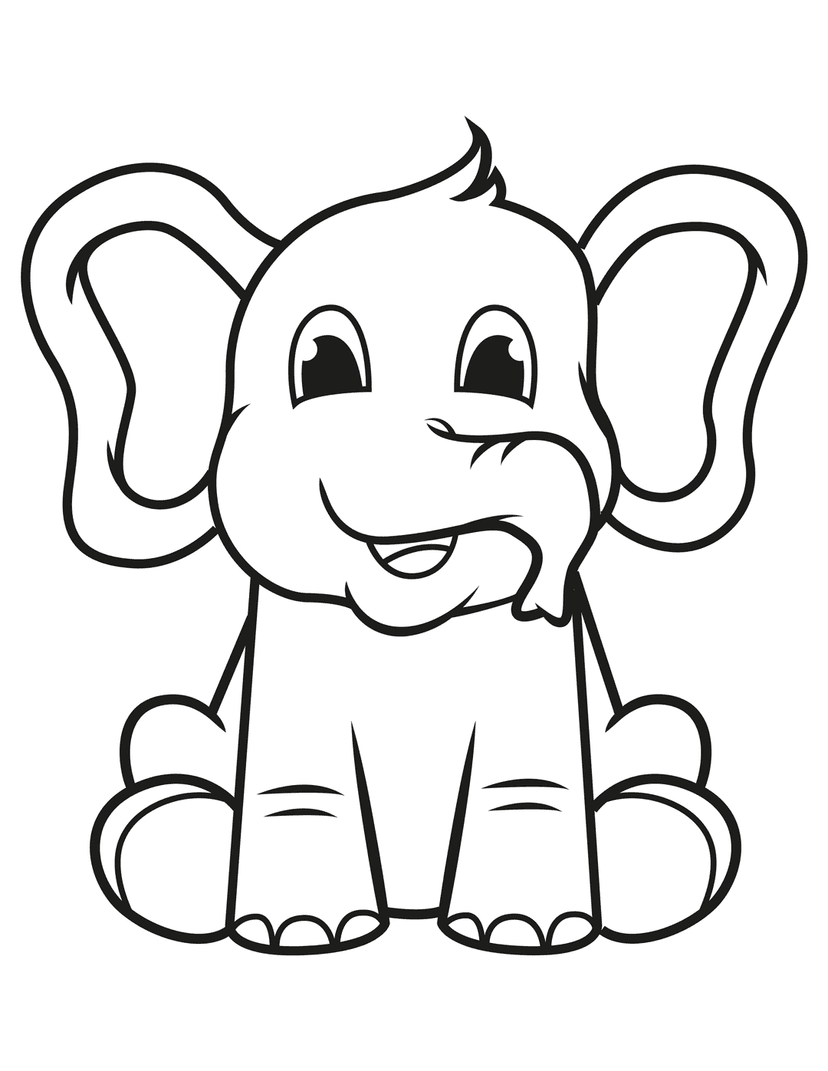 Elephant coloring page illustration featuring a seated baby animal with large ears and bold black outlines.