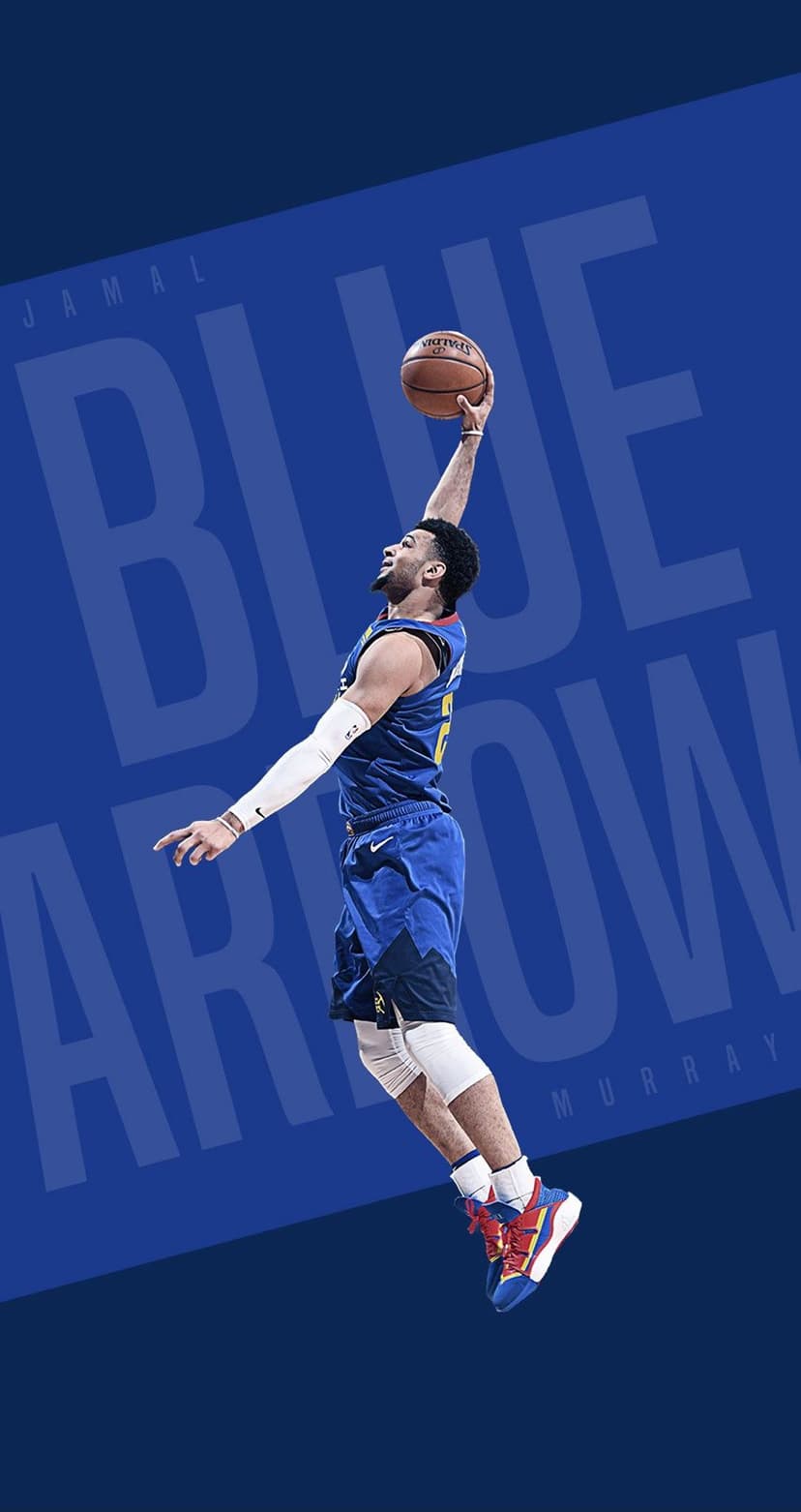 Jamal Murray leaping for a dunk in a blue and yellow jersey against a blue backdrop with Blue Arrow text.