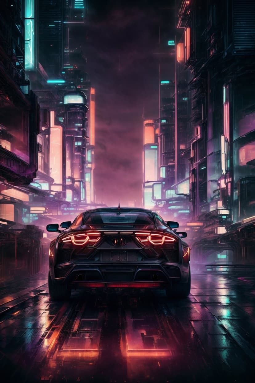 Sleek black sports car with red taillights drives on a wet city street under glowing neon skyscraper lights at night.