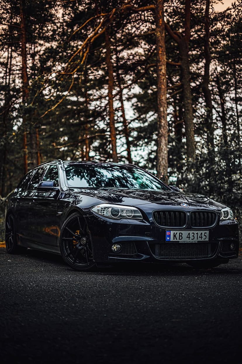 Black BMW sedan parked on an asphalt forest road during sunset with tall trees reflecting in the glossy paint.