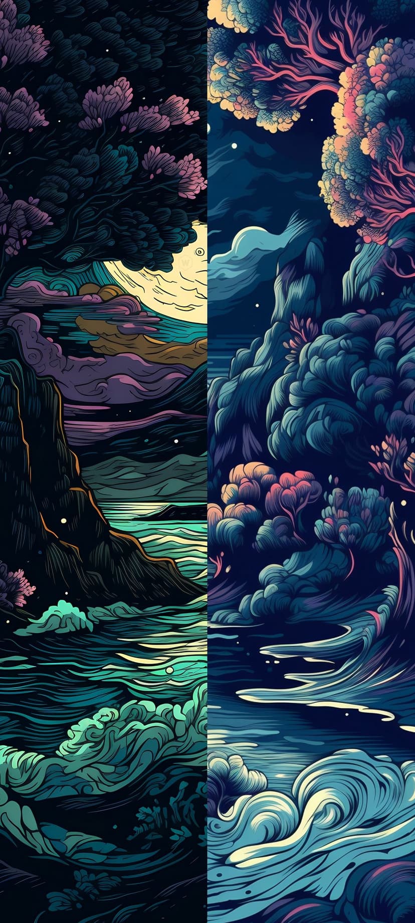 A split-view landscape showing a dark forest with a large moon next to crashing teal ocean waves under stars.