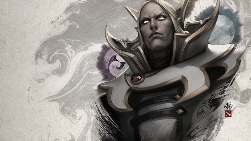 Invoker from Dota 2 with white eyes and ornate armor against a swirling ink and parchment background.
