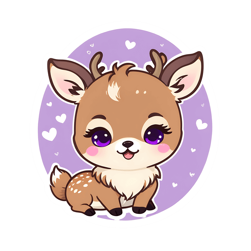 Purple fawn sticker illustration featuring a brown deer with white spots, antlers, and glossy violet eyes.