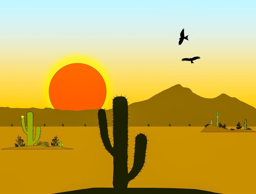 Saguaro cacti silhouettes stand before a blue and orange gradient sky with mountains and flying birds.