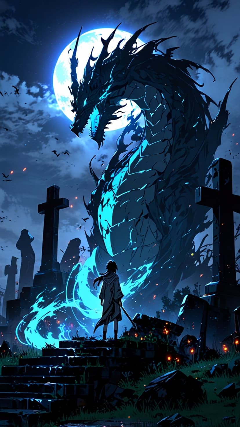 Cloaked warrior faces a giant glowing blue dragon rising above stone crosses in a foggy moonlit cemetery at night.
