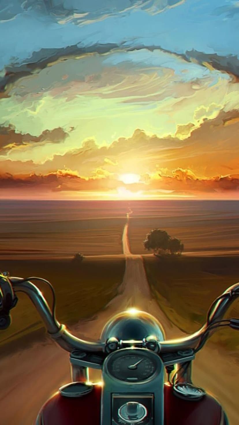 Chrome motorcycle handlebars and a glowing dashboard face a vast highway under a fiery orange sunset sky.